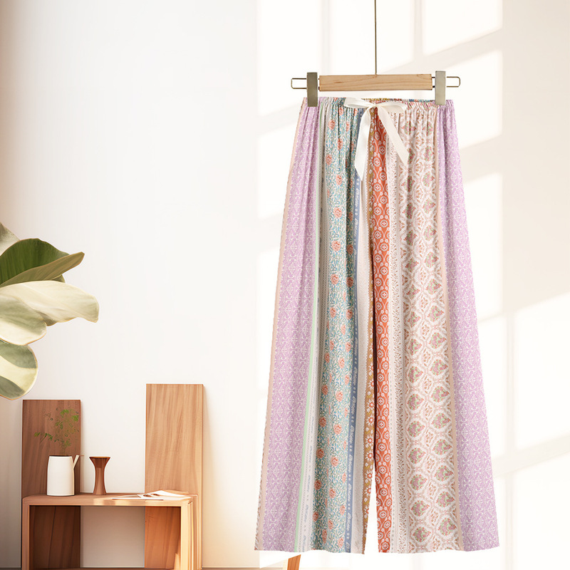 Cotton Silk Pants Women's Printed Pajama Pants Thin Simple Printed Breathable Cool plus size Wide Leg Pants Outer Wearable Home Pants