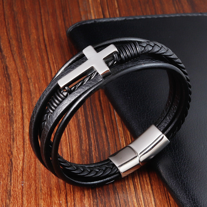 30g Weight Bracelets Classification Leather Chain Material 1 Piece Quantity Daily Occasion Leather, Titanium Steel Material Cross Pattern Men's Gender Layered, Polishing Design Retro, Ethnic Style Style Retro Ethnic Style Cross Leather Titanium Steel Layered Polishing Men's Bracelets Men Cord & Leather Bracelets 4