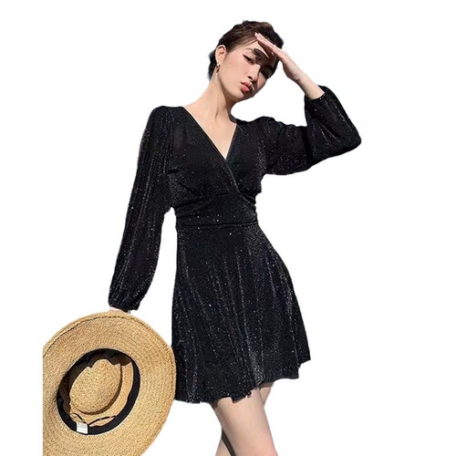 Women's Polyester One-Piece Long-Sleeve Elegant Solid Color French Dress Style Bra-Covered Shaping Conservative Slimming Hot Spring Swimsuit