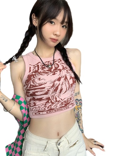 American retro small tank top with suspenders for women in summer sweet and spicy outer wear pink hot girl sleeveless short sports top