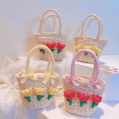 HD3451溫柔少女心彩色楊梅毛球手提包甜妹鬱金香花朵蝴蝶結草編包