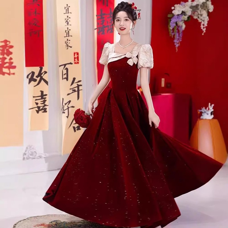 レッド乾杯ドレス花嫁 2025 新しい結婚式婚約イブニングドレス女性のフレンチライト高級ニッチハイドレス|undefined