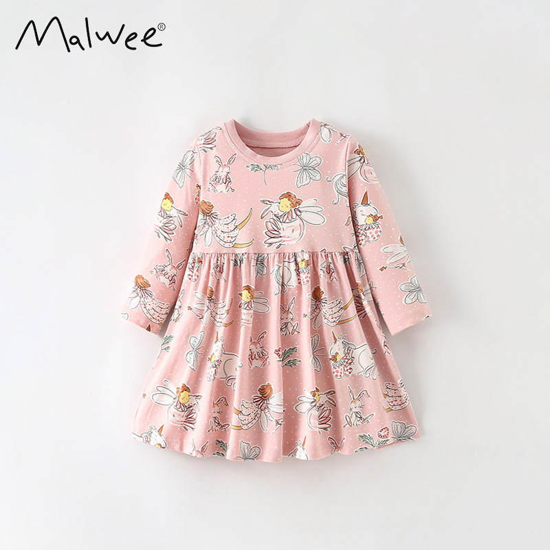 Malwee vestidos de niñas de otoño nuevos niños europeos y estadounidenses impresión de aire exterior cuello redondo vestido de manga larga