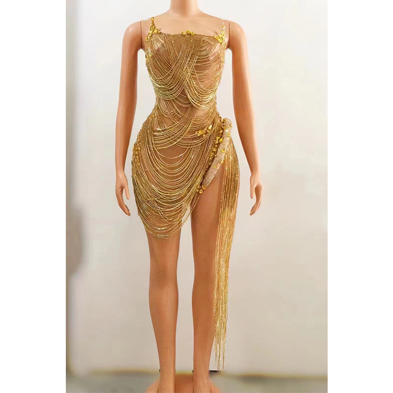 Sparkling Diamond Tassel Sexy See-Through Spaghetti Strap Ultra-Short Dress Party Dress Nightclub Singer Performance Dazzling