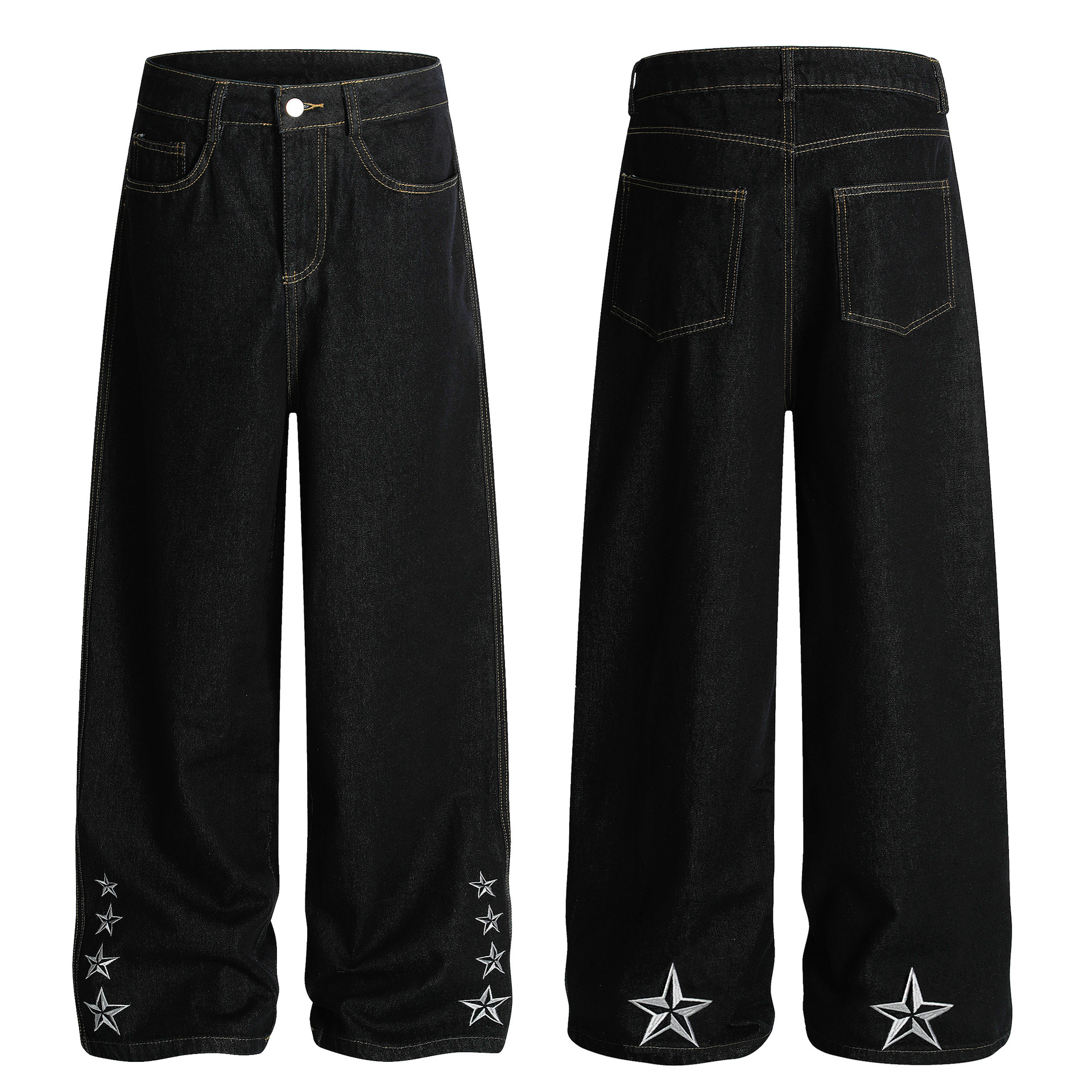 Korean-Style Distressed Washed Wide-Leg Jeans – Embroidered Star Details | Unisex Loose Fit Streetwear Denim Pants (S-XL, Blue/Black)​_mkmklike.com