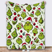 TEMU爆款格林奇卡通法兰绒毯子 圣诞怪杰舒适法兰绒圣诞披毯