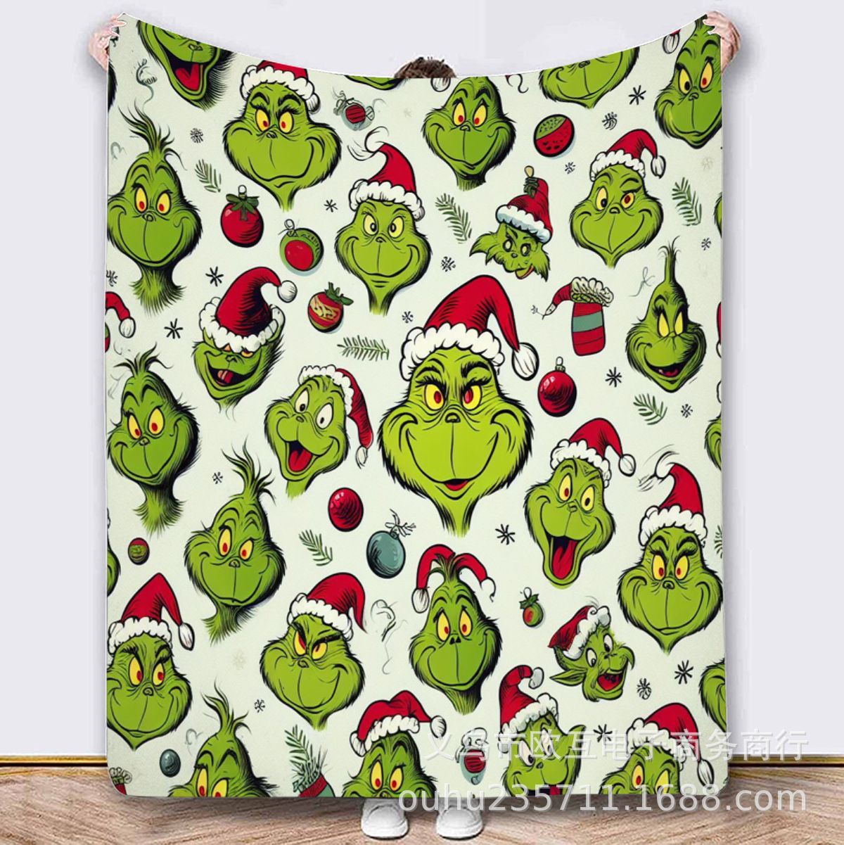 TEMU爆款格林奇卡通法兰绒毯子 圣诞怪杰舒适法兰绒圣诞披毯