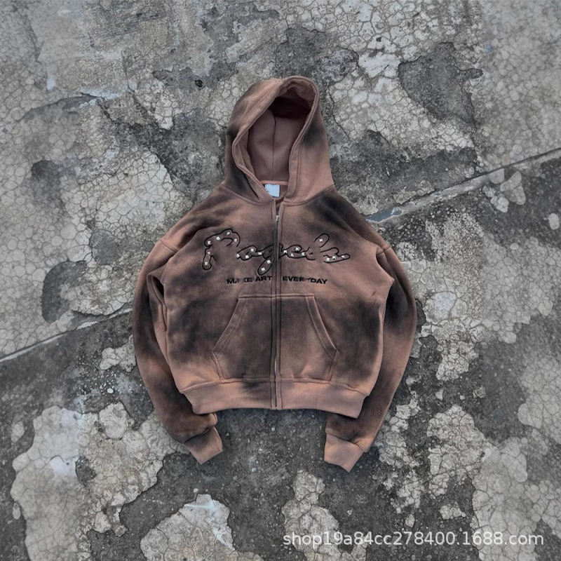 Custom men's distressed washed vintage letter embroidered star rhinestone short oversized YKK zipper hoodie