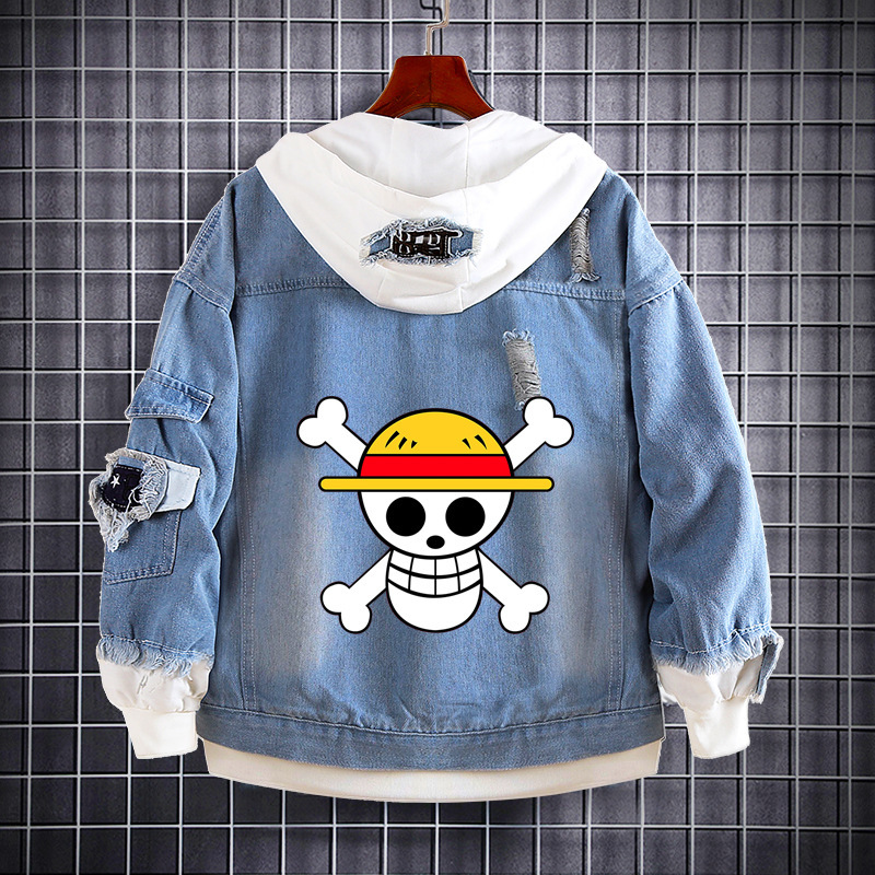 One Piece Anime Denim Sweatshirt Luffy Zoro Ace Two-Dimensional Peripheral Spring & Fall Denim Jacket for Men and Women