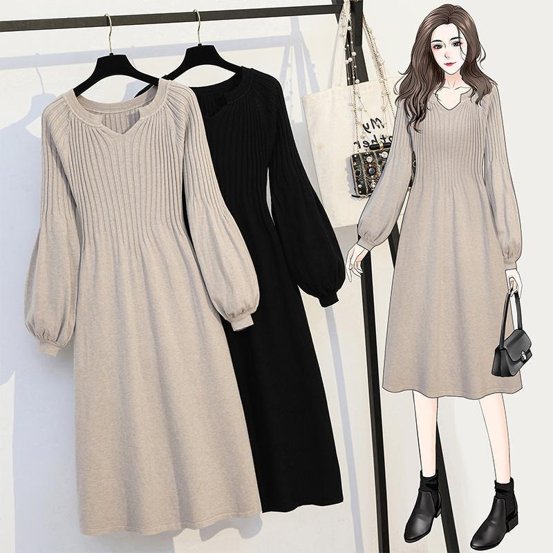 Fat Sister Autumn and Winter Clothing Extra Large Size 150kg Loose Belly-covering Mid-length Knitted Sweater Bottoming Shirt Dress Trendy