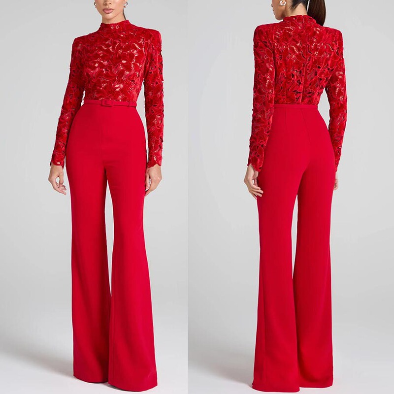 Cross-border 2024 Europe and the United States autumn and winter new long-sleeved belt flared pants INS casual loose party jumpsuit