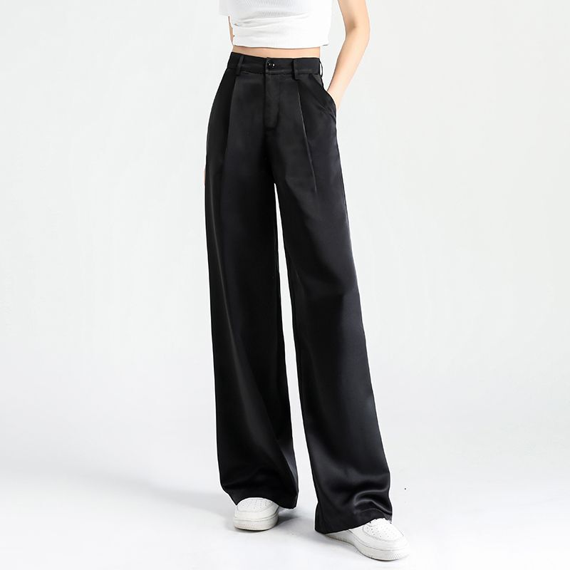 Summer New White Acetate Wide-Leg Pants for Women, High-Waisted Draped Satin Trousers, Thin Loose Casual Suit Pants