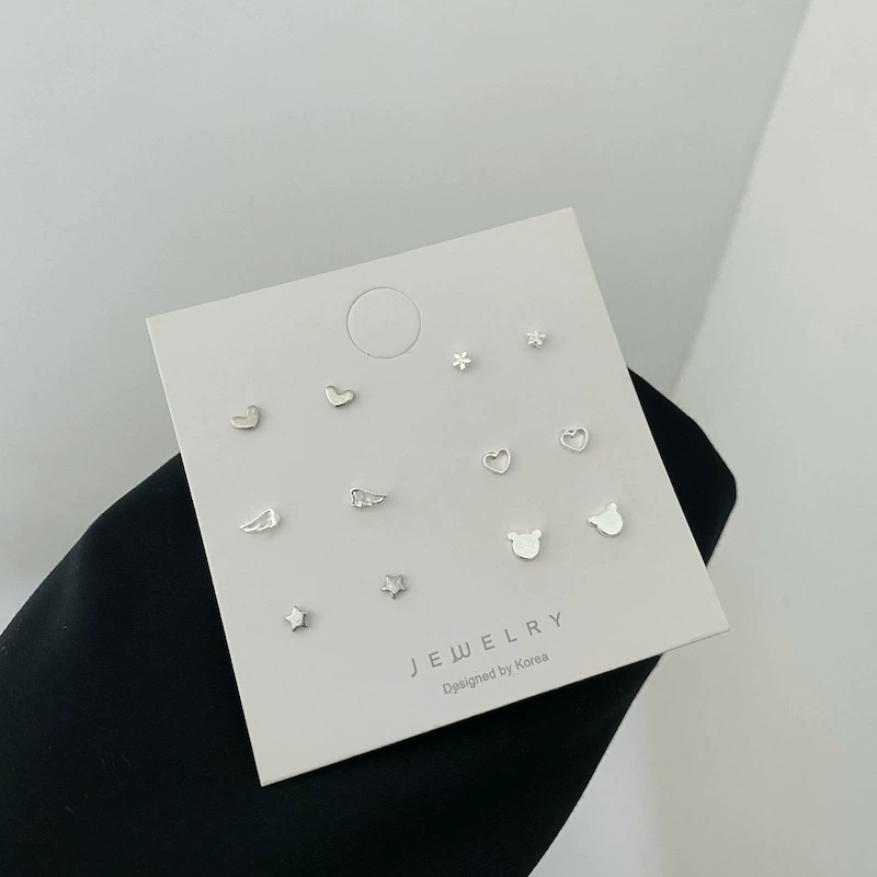 Mini copper stud earrings set, assorted small motifs, silver‑plated s925 posts, gift pack