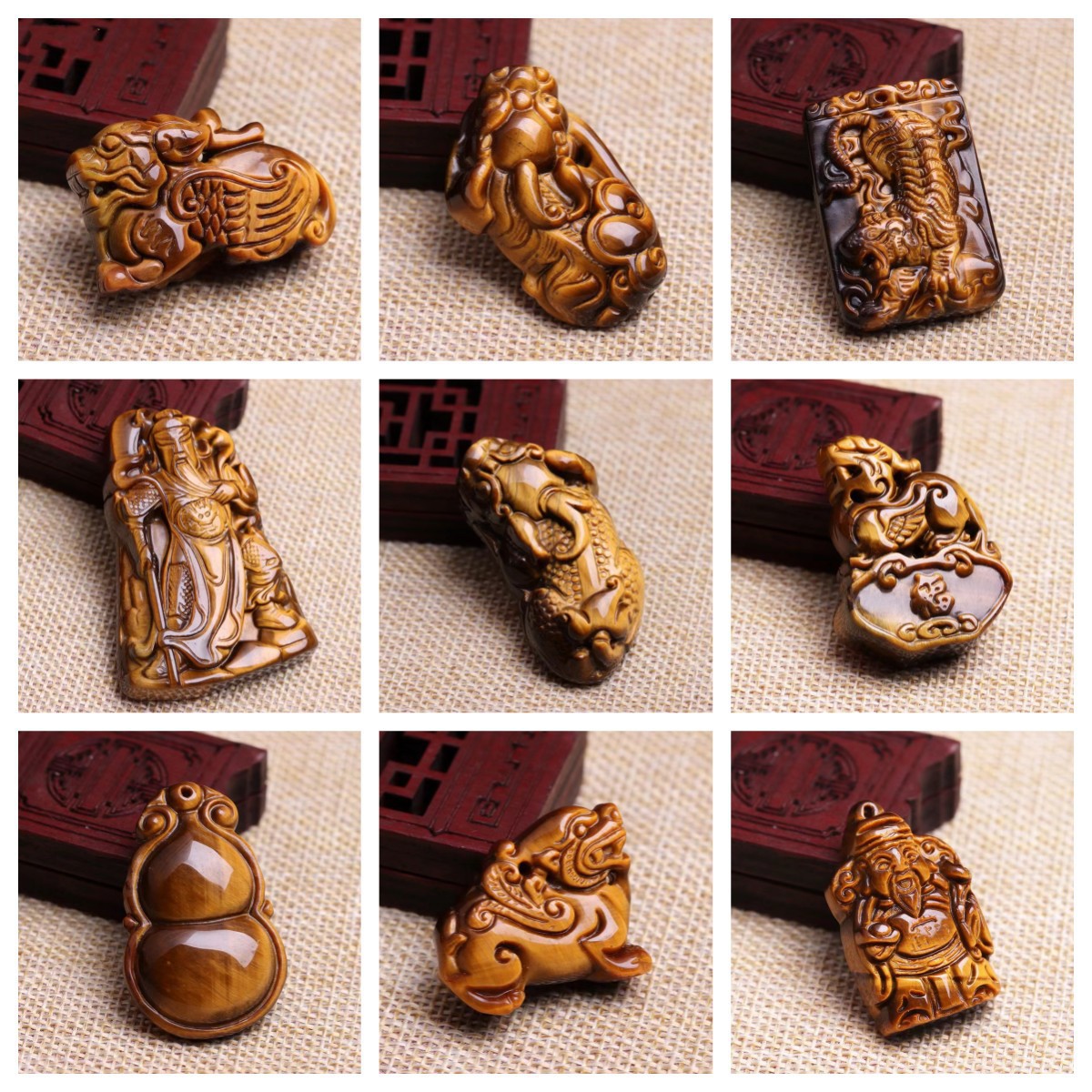 黄金虎眼石貔貅吊坠木化石木变石生肖龙虎挂件虎睛石关公玉坠批发