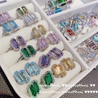 镀18K白金群镶切割彩色水晶宝石耳钉925银针耳环几何几何锆石耳钉