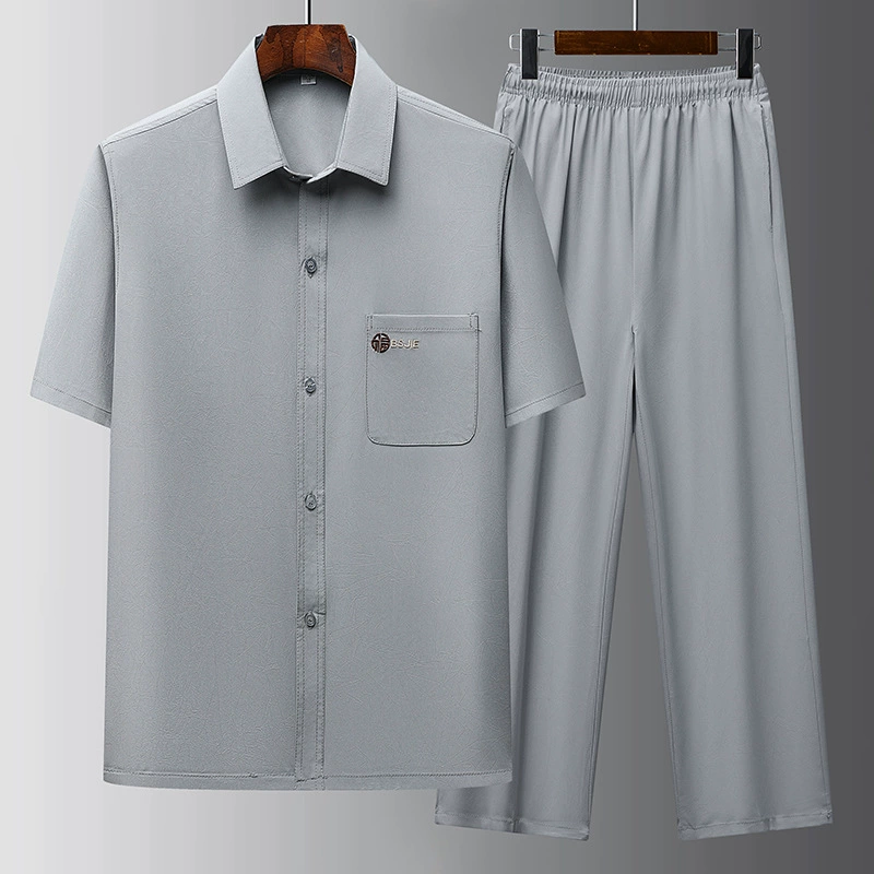 Свободная повседневная рубашка для папы среднего и пожилого возраста в китайском стиле, летняя мужская рубашка из ледяного шелка с короткими рукавами, костюм