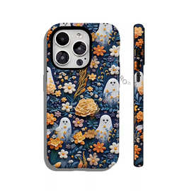 万圣节爆款油画肌理满屏碎花幽灵苹果17手机壳iPhone16磨砂手机套