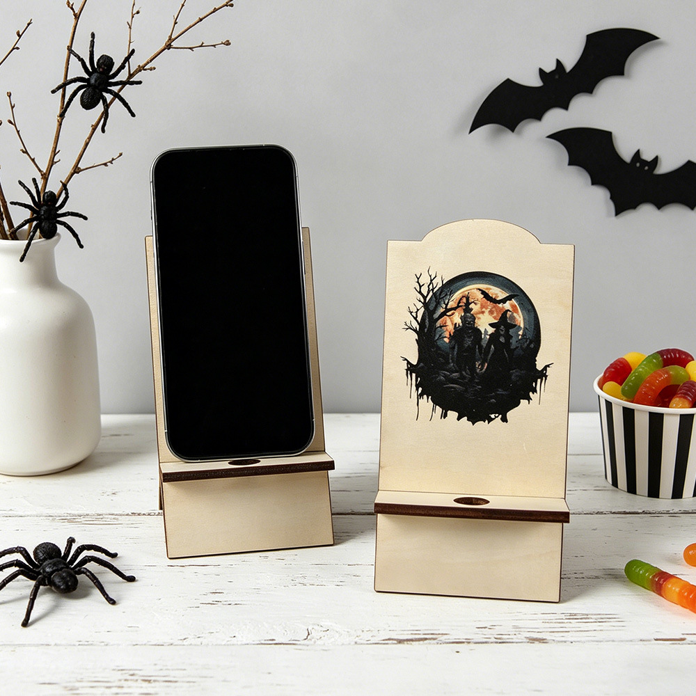 Holder de madera para teléfonos móviles de Halloween, marco de carga multipropósito desmontable, marco de soporte de escritorio plano para decoración del festival fantasma