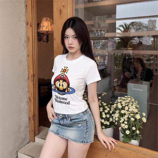SISION25 New T-shirt Women's Slim-fit Cartoon Animation Super Mary Shoulder T Casual Summer Top te