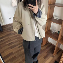 韩系立领短外套女2025秋季新款宽松小个子袖口格子高级感夹克外套