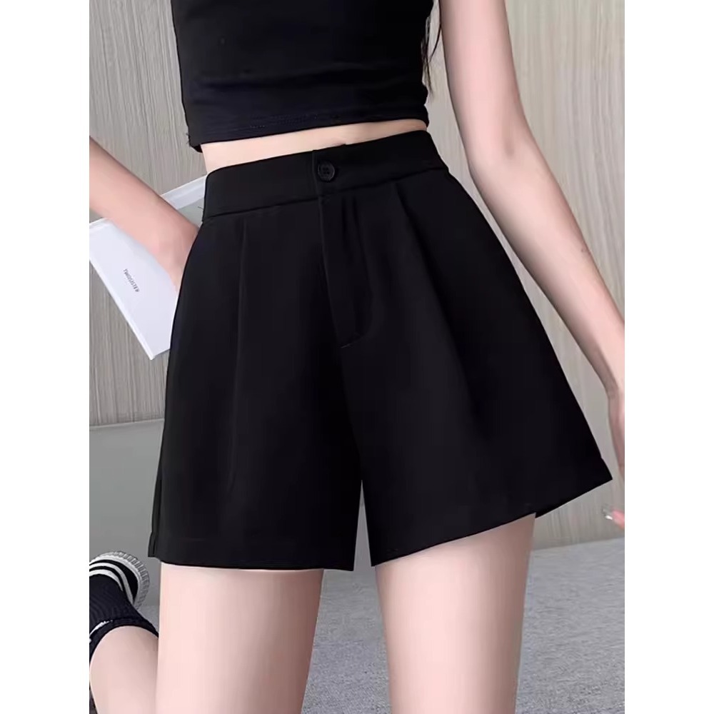 Quần short nữ cạp cao dáng chữ A ống rộng mùa hè — Màu đen (gửi thắt lưng xoắn khóa ngẫu nhiên)