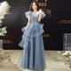 Blue evening dress for women 2024 new winter elegant texture art exam annual meeting host dress banquet dress
