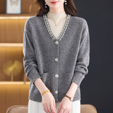 年轻款100%羊毛针织衫秋冬中年女士外套大码宽松羊毛衫开衫妈妈装，女装针织衫/毛衣，妃慕昵服饰