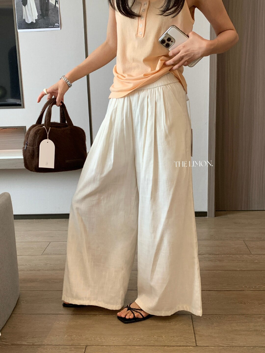 Quần ống rộng nữ vải linen phối cotton dáng suông mùa hè — Xám gạo, Xanh xám nhạt, Xanh đen, Cam bí ngô chi tiết 18