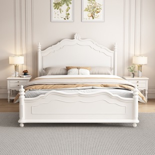 Light Luxury Solid Wood Bed Simple Modern White 1.8m Double French Cream Style Princess Bed Master Bedroom Wedding Bed Pure Solid Wood