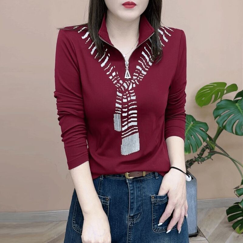 2024 Spring and Autumn Korean Style Mother's Long Sleeve Collar T-shirt plus size Women's Slim Fit Design Sense Base Shirt Age-reducing T-shirt