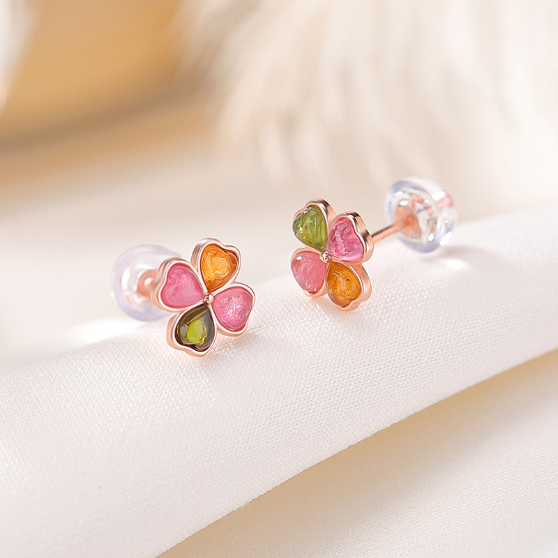 Bông tai bạc S925 mạ vàng hồng đính tourmaline hình cỏ bốn lá trái tim — Một cặp (màu ngẫu nhiên của tourmaline)