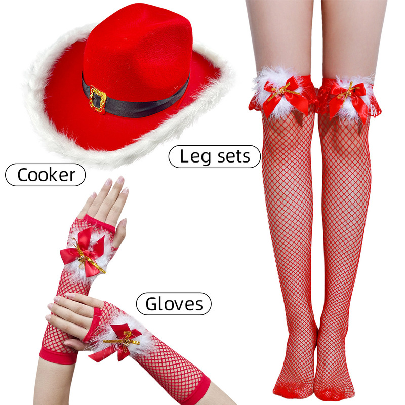 Factory Direct sales Christmas feather red black belt Western cowboy hat Carnival Santa Claus hat oversleeve net socks suit