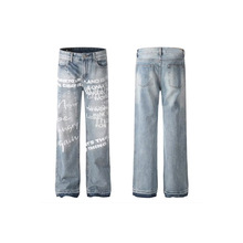 美式复古涂鸦手绘字母印花牛仔裤男女宽松直筒痞帅嘻哈印花裤子潮