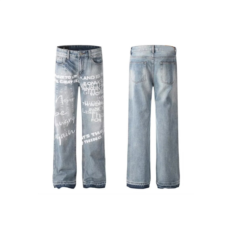 美式复古涂鸦手绘字母印花牛仔裤男女宽松直筒痞帅嘻哈印花裤子潮