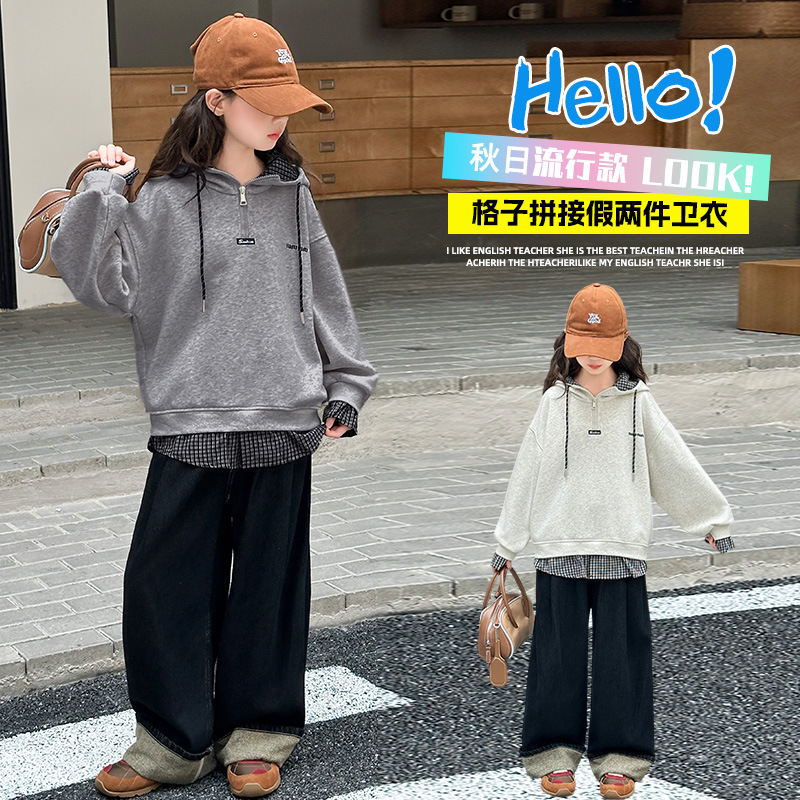 跨境女童拼色连帽格子卫衣春秋2025新款韩版中大童时尚休闲套头衫|undefined