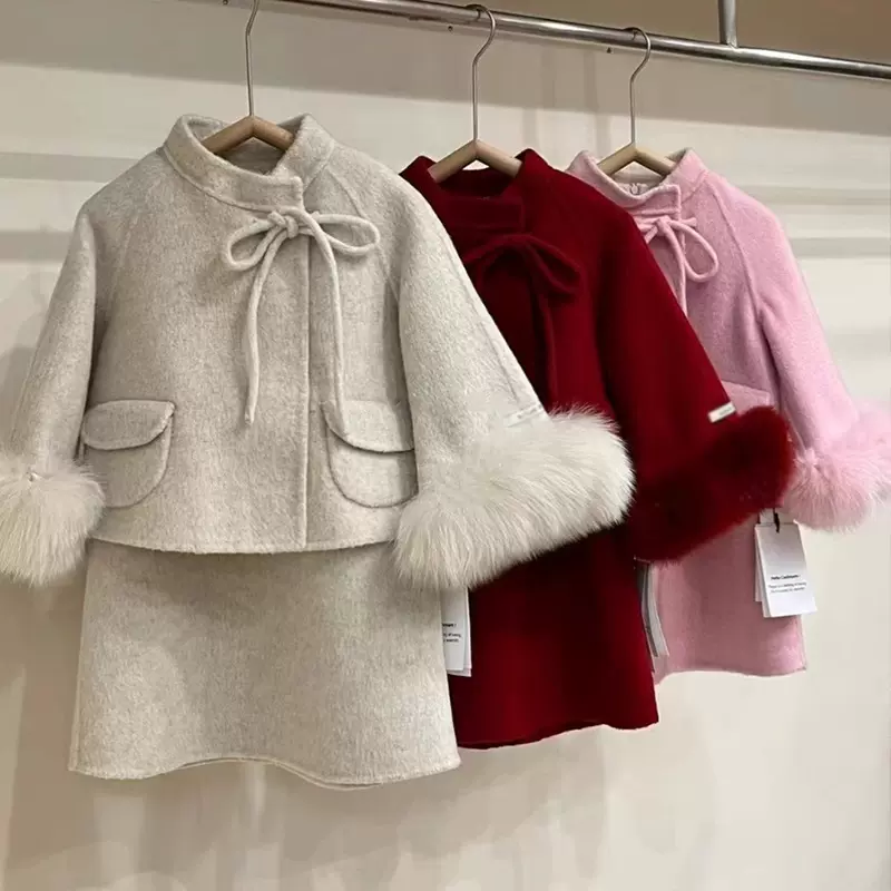 女童上衣外套2024秋冬新款毛呢童装裙子外套女宝宝大衣背心裙套装