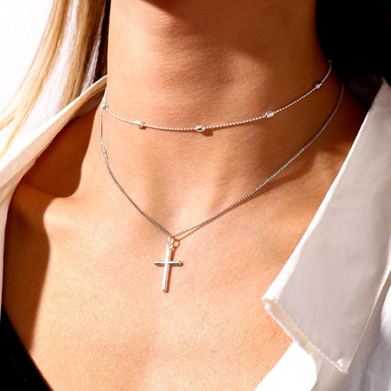 10g Weight Alloy Pendant Material Double Layer Necklaces Classification Alloy Chain Material 1 Piece Quantity Holiday, Daily Occasion Alloy Material Geometric, Cross Pattern Women's Gender Plating Design Basic, Modern Style, Classic Style Style Basic Modern Style Classic Style Geometric Cross Alloy Wholesale Double Layer Necklaces 3