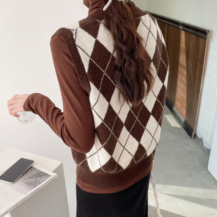Retro en forma de diamante Plaid Chaleco de punto para las mujeres Otoño e Invierno Nuevo estilo exterior sin mangas suéter con cuello en V apilados chaleco suave desgaste exterior image 6