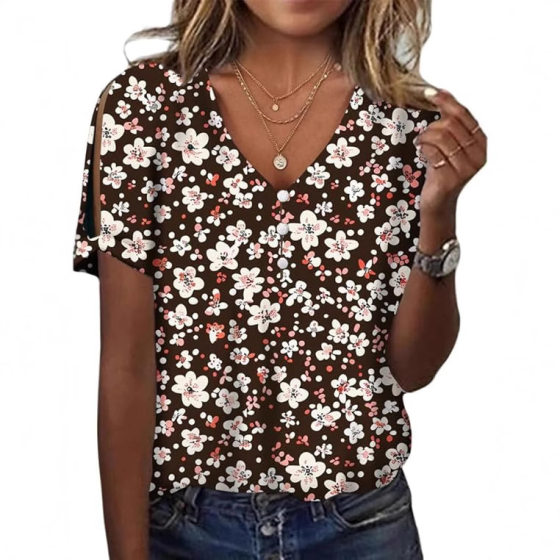 Cross-border Explosions 3D Printing Women's Three-button V-neck T-shirt European and American Loose Casual Women's Top Digital Printing T-shirt