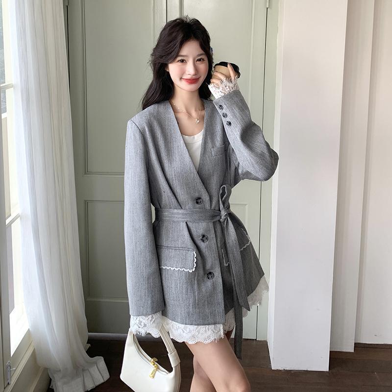 Designed Lace Splicing Gray Casual Suit Jacket for Women Spring 2025 New Style Loose Fashion Suit for Women
