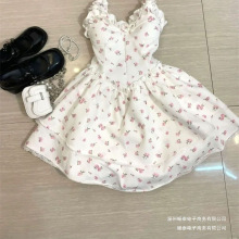 热嘉辣妹纯欲收腰显瘦公主蓬蓬裙+薄开衫女夏季碎花吊带连衣裙子