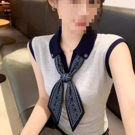 显瘦上衣感小众时尚外穿无袖高级感t恤女设计丝巾新款配撞色气质