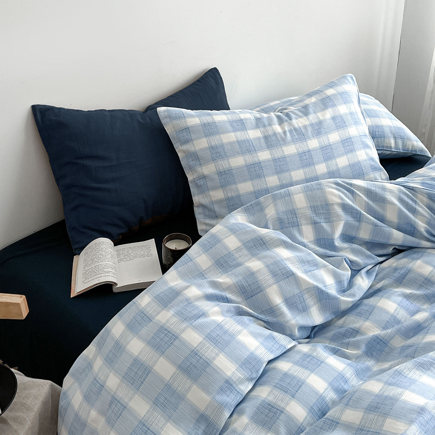 Cama a cuadros a rayas de algodón lavado de cuatro piezas, dormitorio de estudiantes de primavera y verano, sábana individual, funda de edredón, juego de tres piezas lavable a máquina