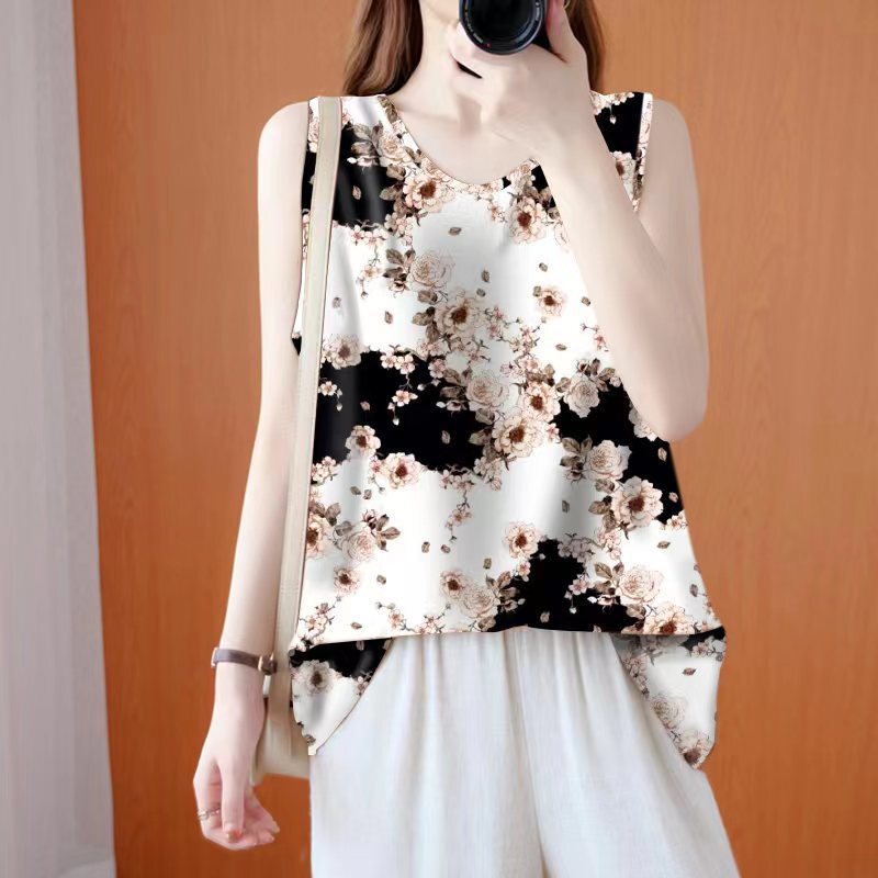 Mom's Mid-Length Ice Silk Vest, Summer Round-Neck Printed Thin Loose-Fitting Sleeveless Top for Women with a High-End Feel Mom's Mid-Length Ice Silk Vest, Summer Round-Neck Printed Thin Loose-Fitting Sleeveless Top for Women with a High-End Feel