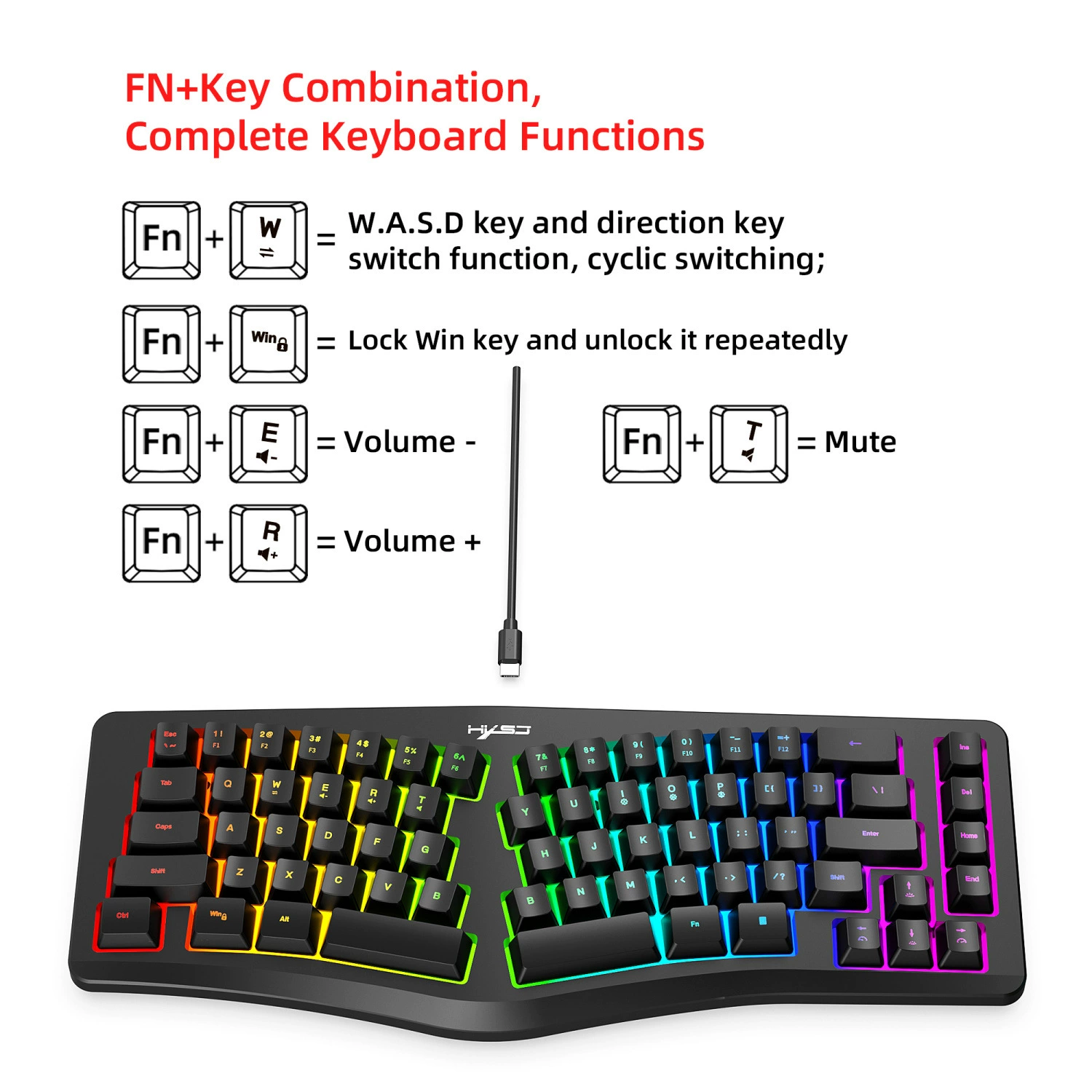 Новая 69-клавишная эргономичная игровая клавиатура с RGB-подсветкой, раздельными рядами клавиш, для офиса и игр