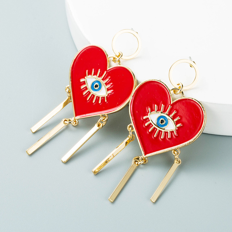 Exaggerated style heartshaped alloy dripping oil eyes tassel earrings retro temperament earringspicture2