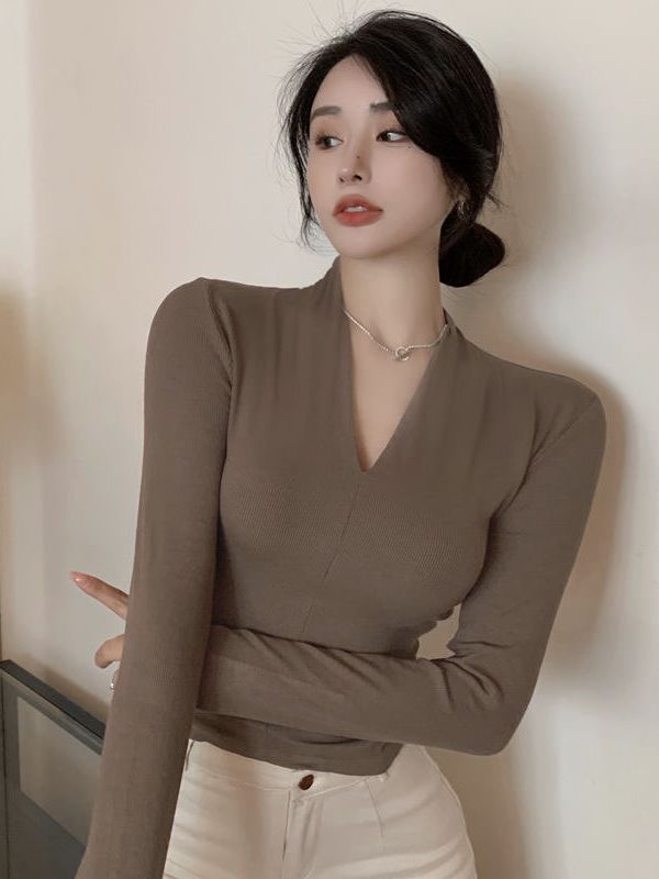 Spice Girls V-neck chic fashion long sleeve T-shirt women's Stretch Slim Net popular spring and autumn bottoming top women's fashion a generation of hair