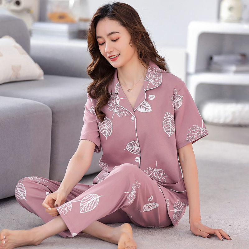 Pijamas de algodón de mediana edad y ancianos pantalones de manga corta para mujer cardigan de talla grande delgada solapa de dos piezas ropa para el hogar