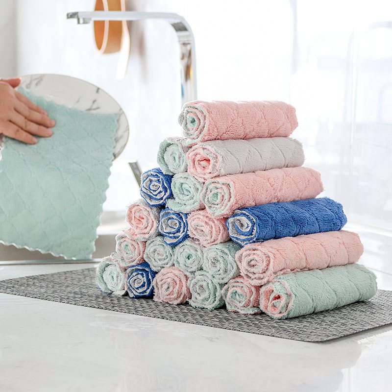 Doble cara de coral paño grueso y suave trapo MESA DE LIMPIEZA plato de cocina paño absorbente de limpieza espesado trapo perezoso descontaminación estropajo