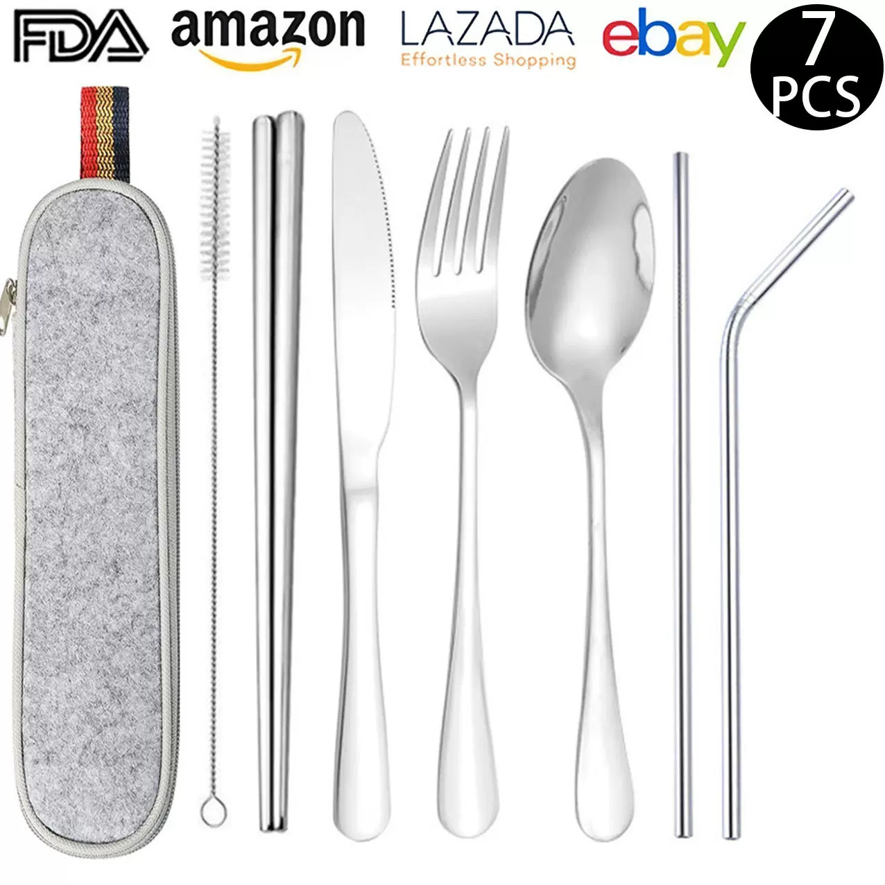 亚马逊不锈钢餐具304七件套镀钛吸管西餐刀叉勺筷子户外便携套装